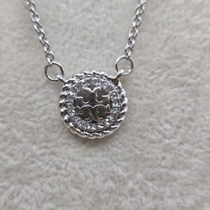 Tory Burch Silver-Tone Round Logo Pendant Necklace with Crystal Halo